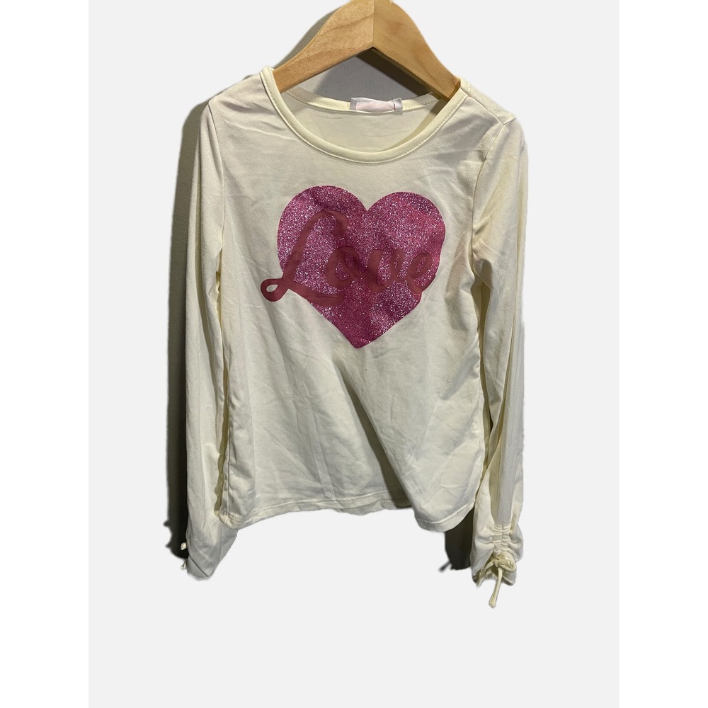 Young Hearts Long Sleeve Top Girls 7/8 Cream Pink Glitter Heart Love Casual Spar